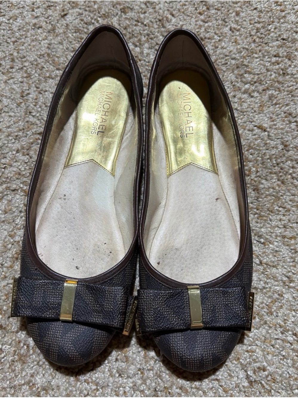 Michael Kors Brown Logo Bow Flats with Gold Accents